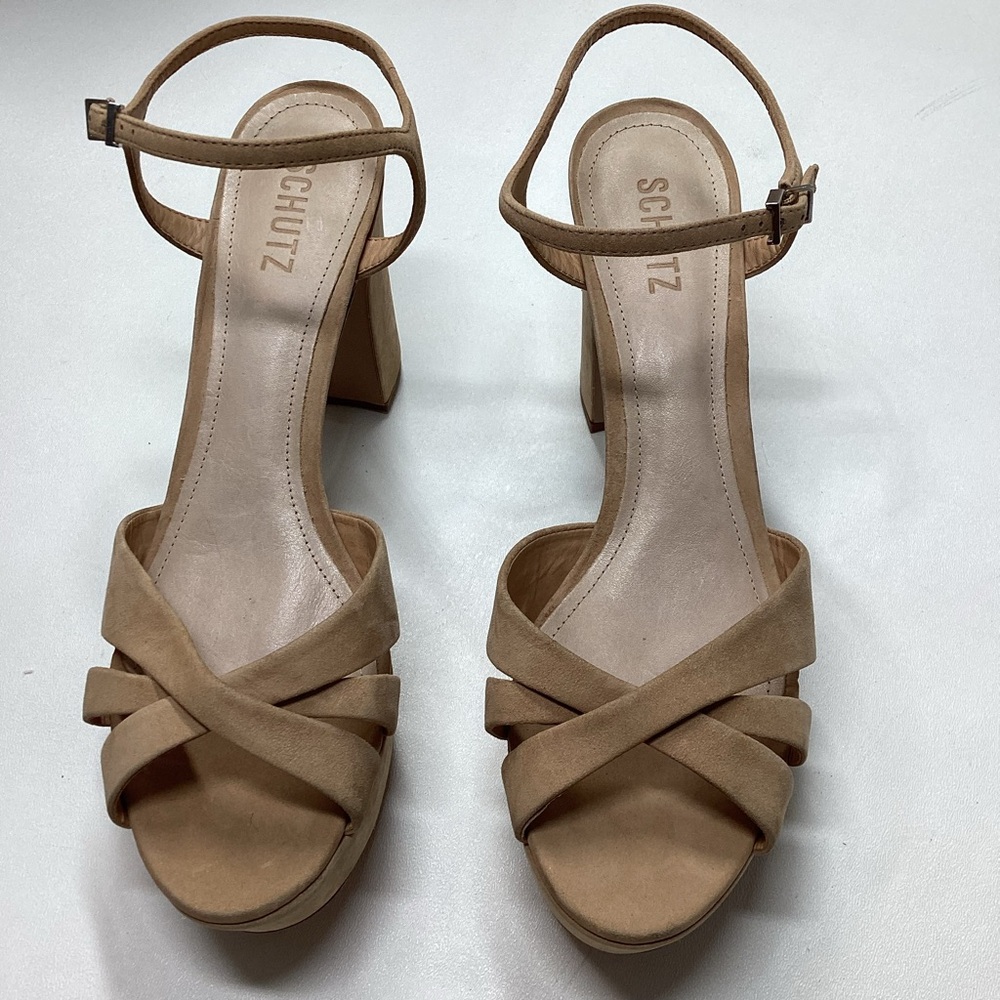 Schutz Keefa Nubuck Platform Ankle Strap Block Heel Sandals Size 11 - Picture 4 of 16